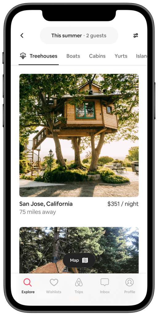 iPhone display of Flexible Destinations feature showing a treehouse for a user on the I'm Flexible feature.
