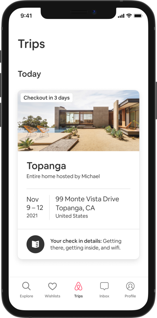 Graphical user interface of the Smarter Trips Tab, showing check-in details including address, check-in time and stay dates for a listing in Topanga, California.