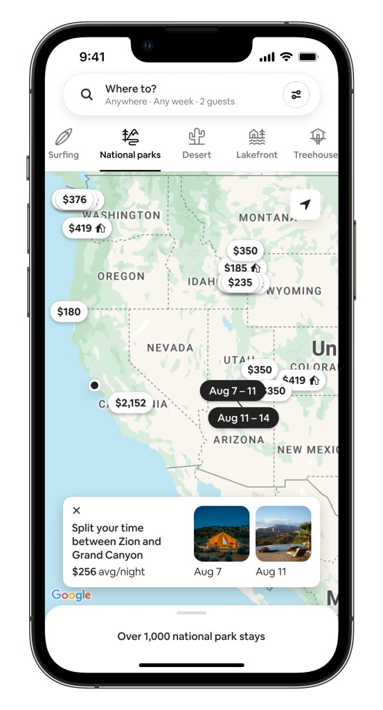The Split Stays map feature showing how to split your time between Zion and Grand Canyon with two stays.