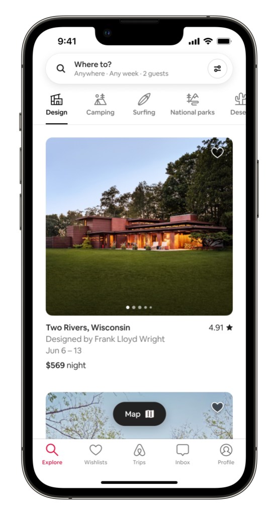 Airbnb product in iPhone mobile device showing a Frank Lloyd Wright home in the Design Category