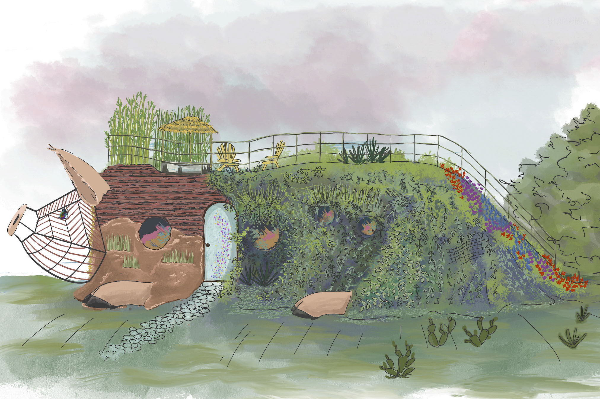 An earth home in the shape of a pig with terraced gardens of flowers and greenery
