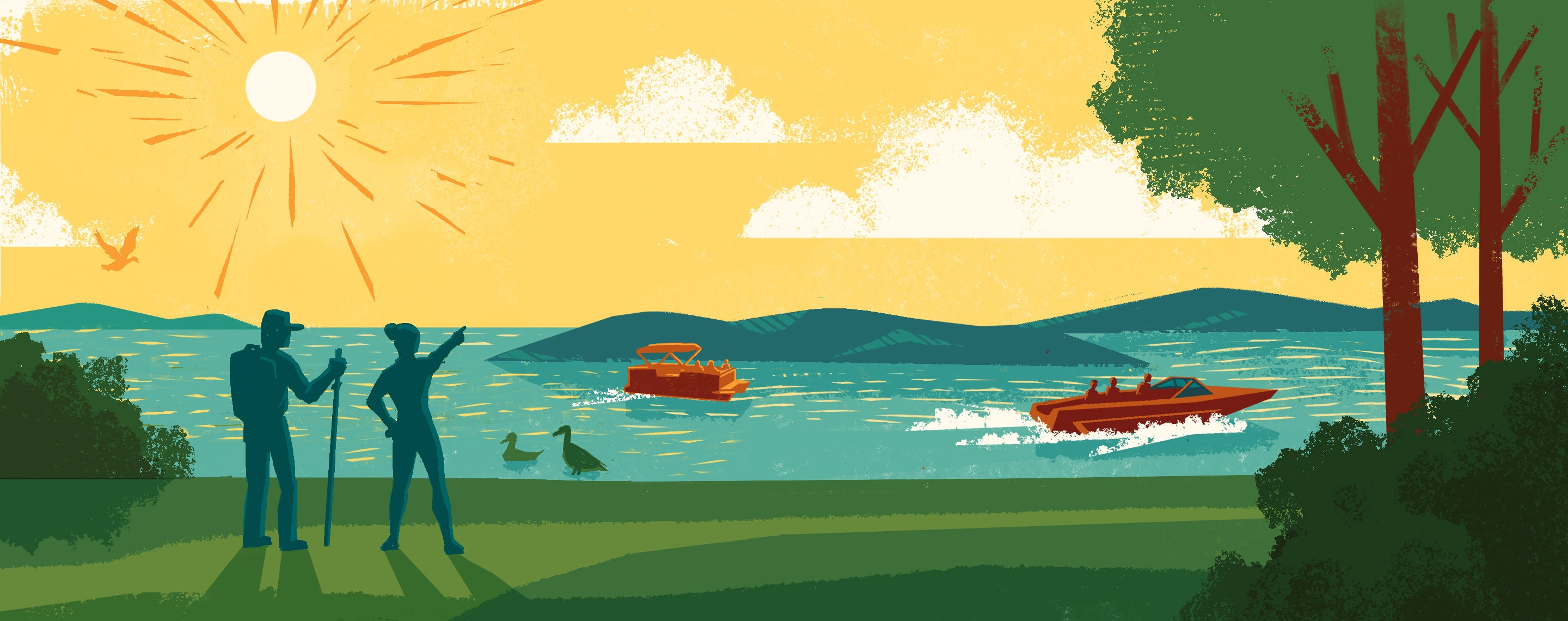 Graphic design image of couple enjoying outdoors near water