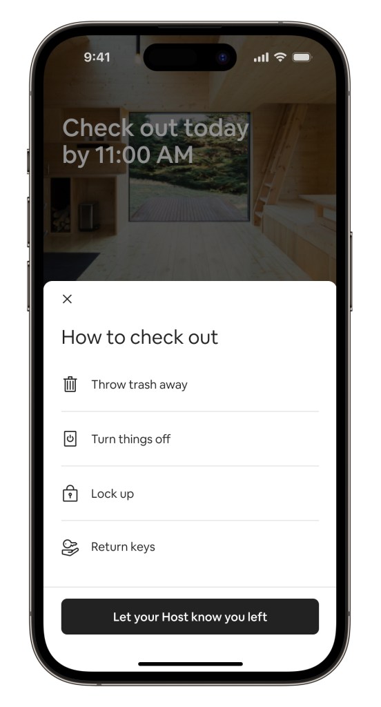 iPhone screen showing a view of the Airbnb app, displaying check out instructions that pop up on the last day of a guest's stay.