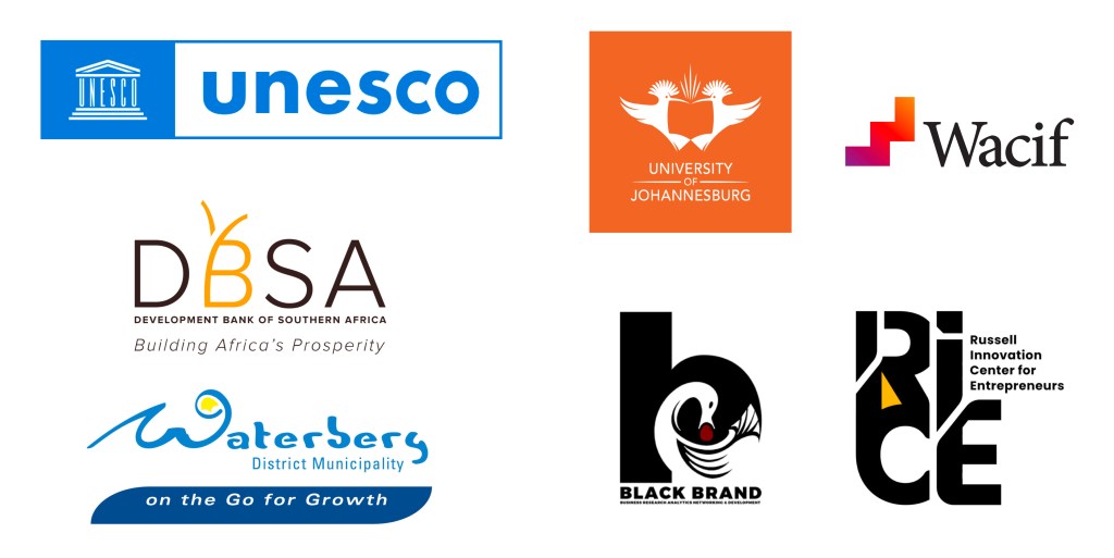 Collage of seven Airbnb Entrepreneurship Academy partner logos, including UNESCO, the University of Johannesburg, Wacif, the Development Bank of Southern Africa, the Waterberg District Municipality, Black BRAND, and Russell Innovation Center for Entrepreneurs