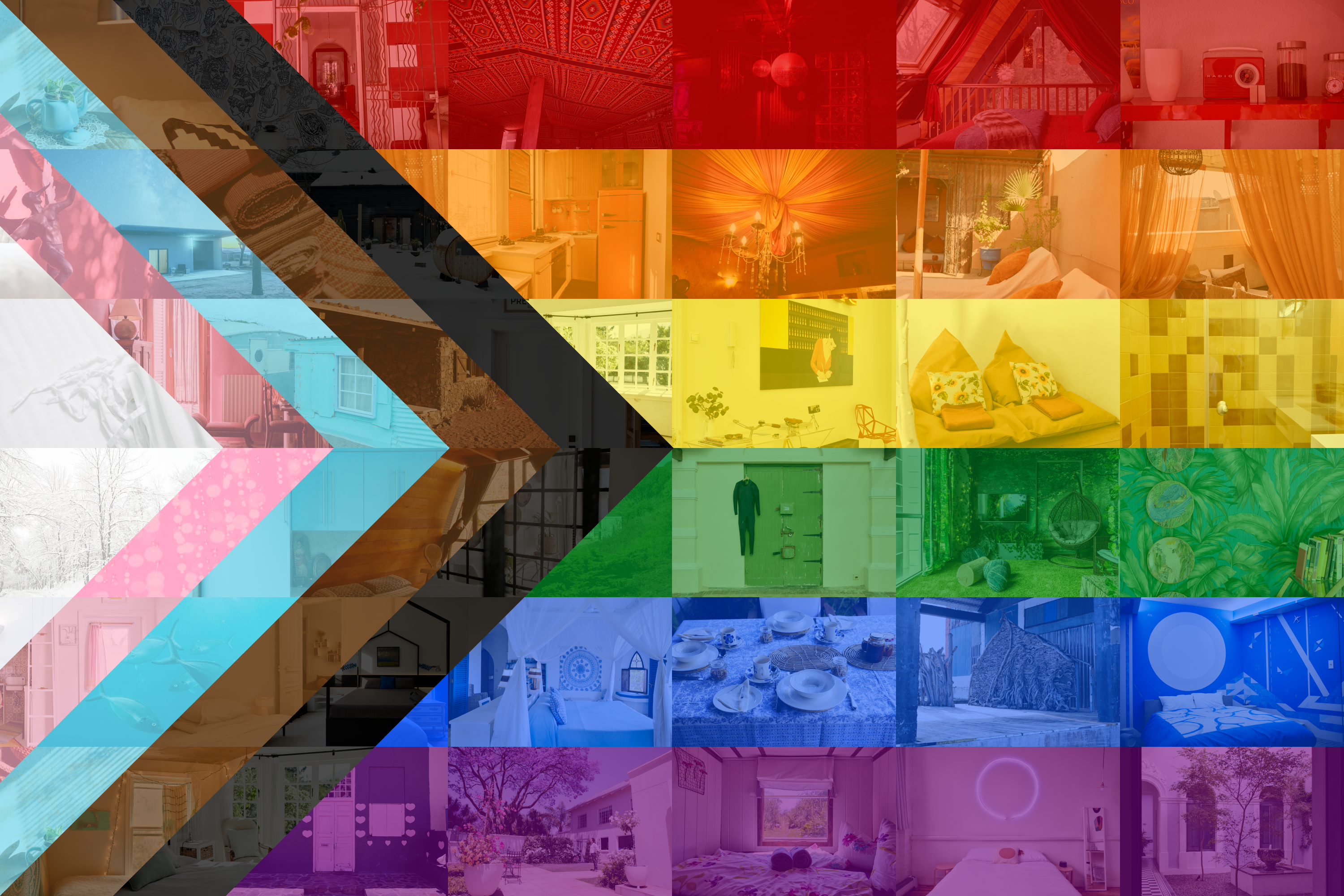 Pride flag with Airbnb homes in the back