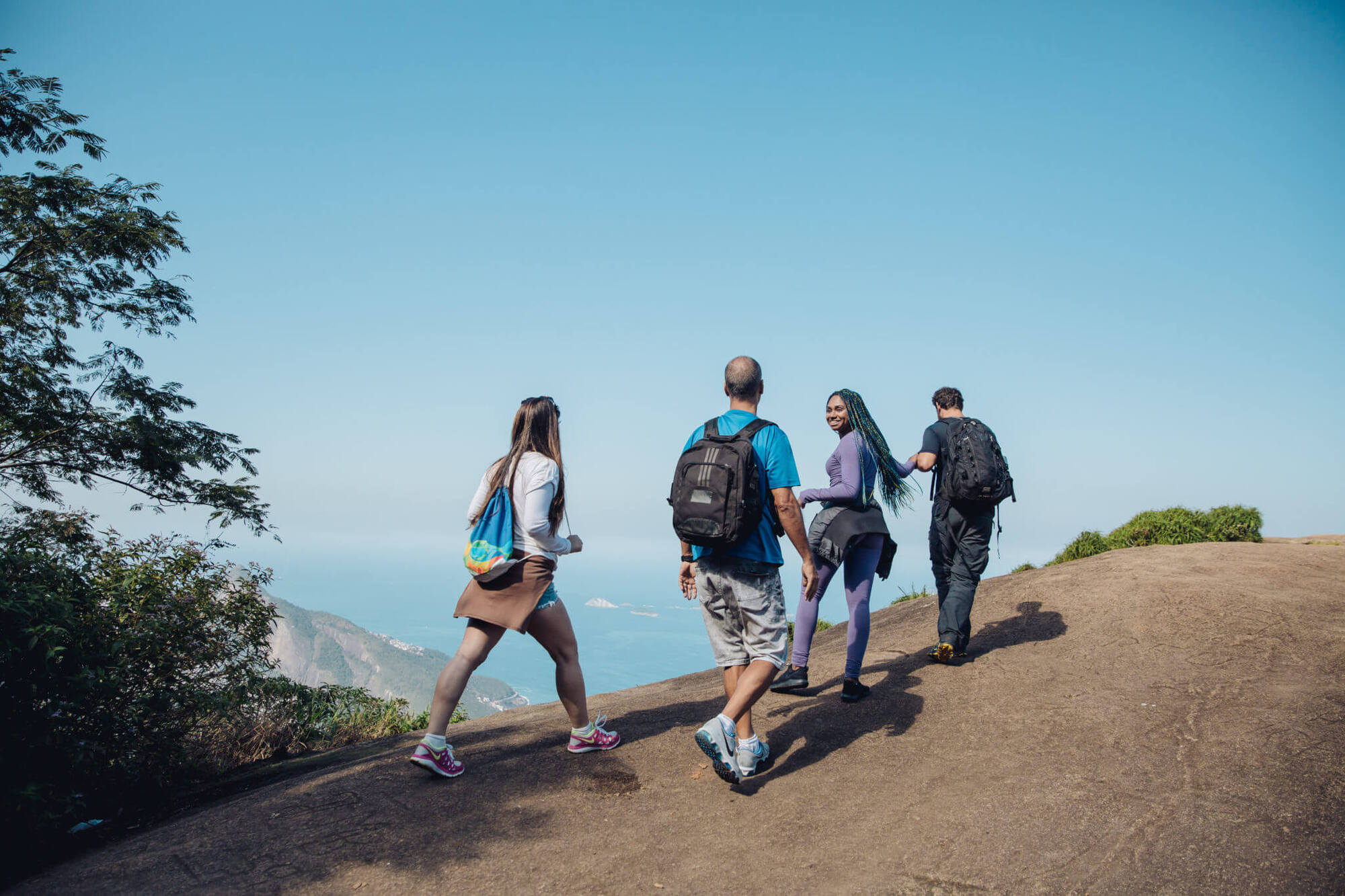 Cuatro personas haciendo senderismo en la cima de una montaña, al fondo el cielo azul y un arbol en la parte izquiera