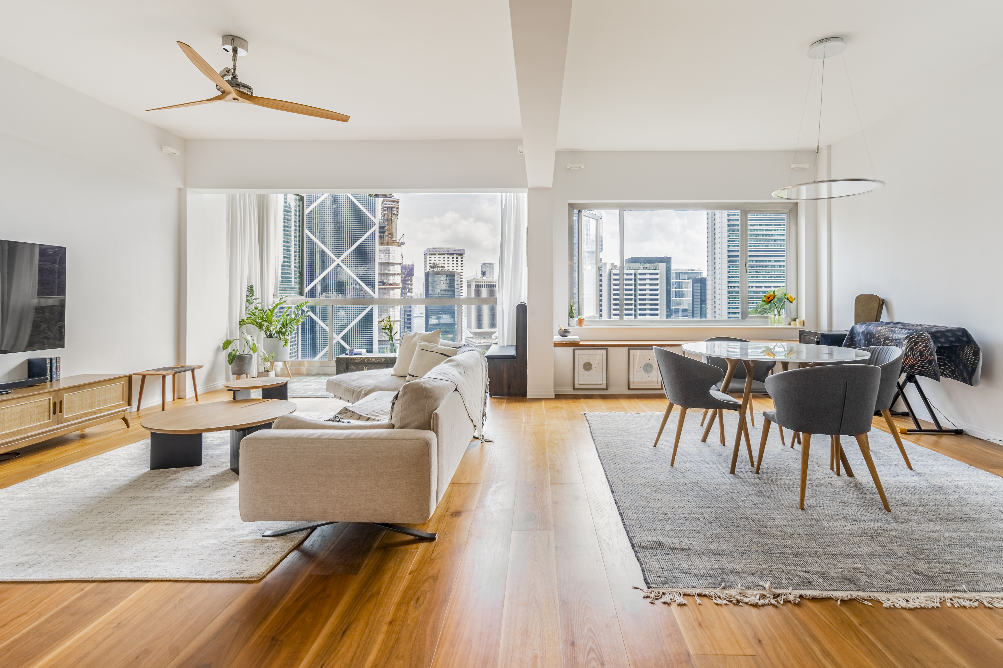 A light, airy apartment living room in the big city