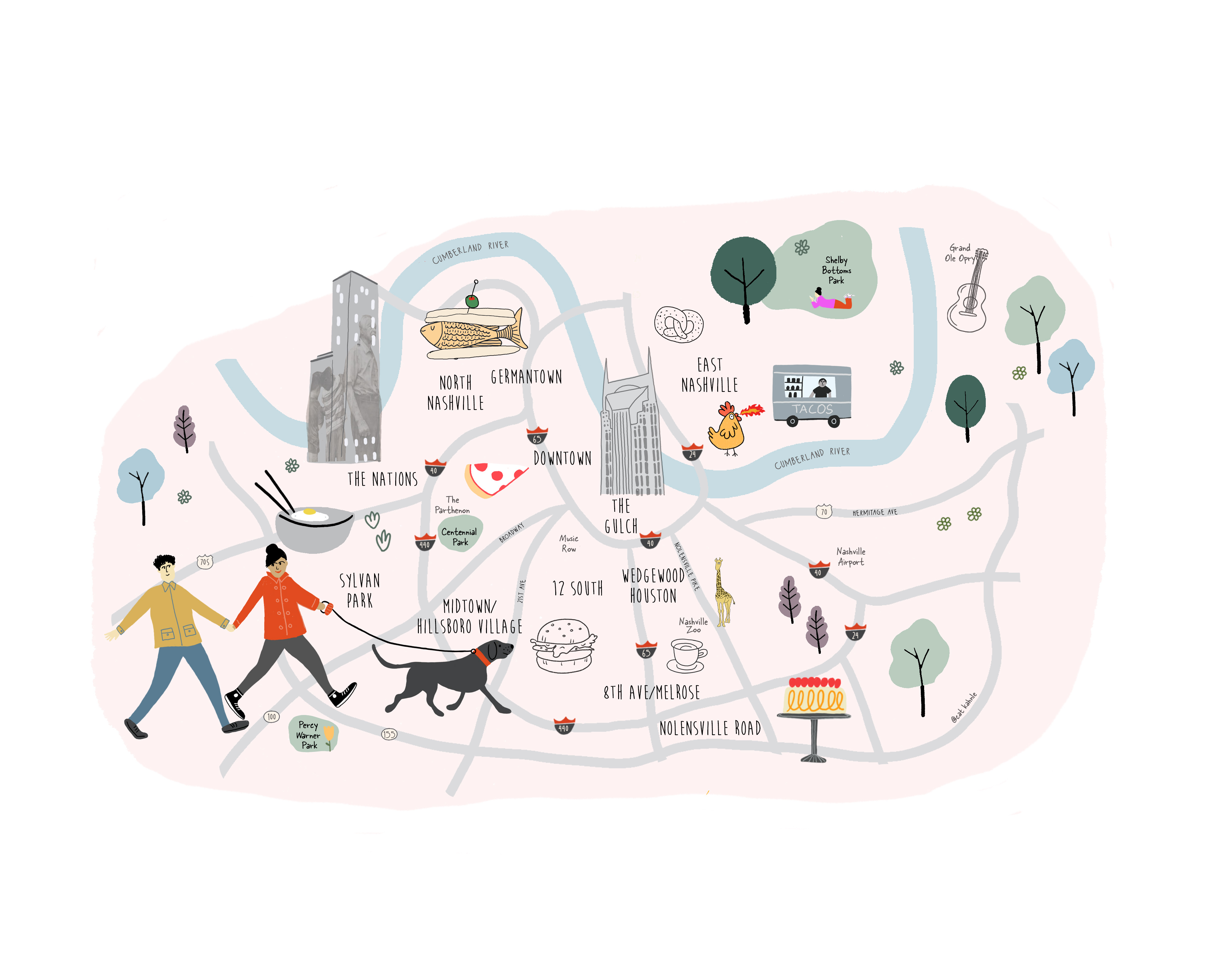 Map of Nashville with cartoon landmarks to represent the different neighborhoods