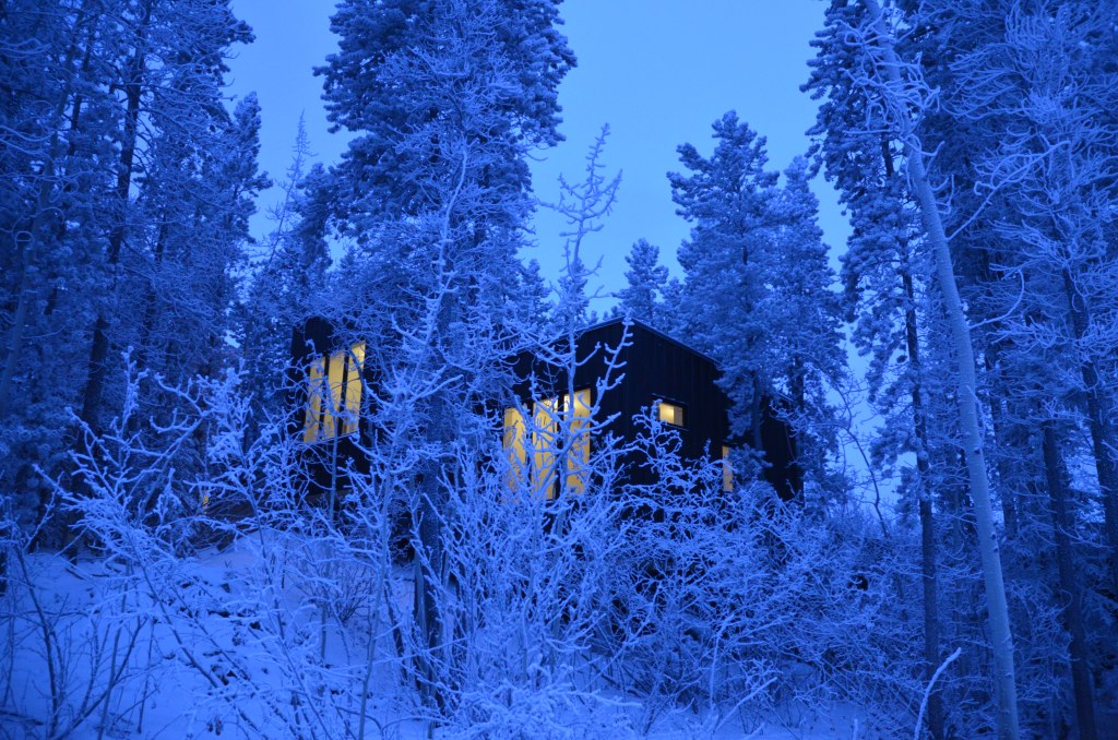 An off-the-grid cabin nestled in the winter forest at nighttime.