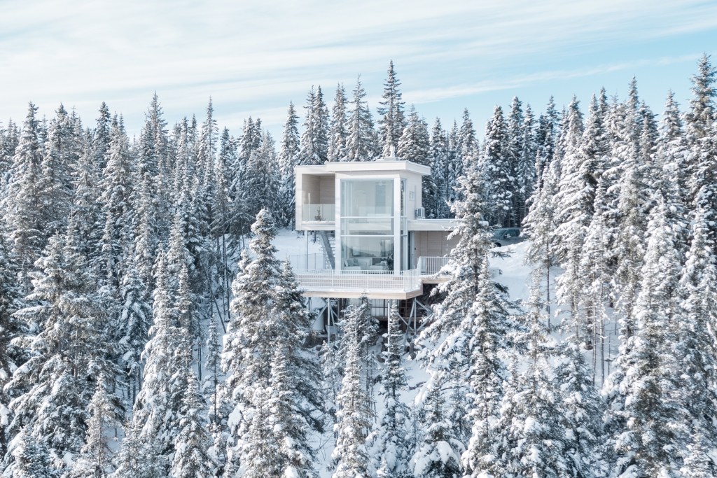 A snow-capped forest with a while cube-designed home.