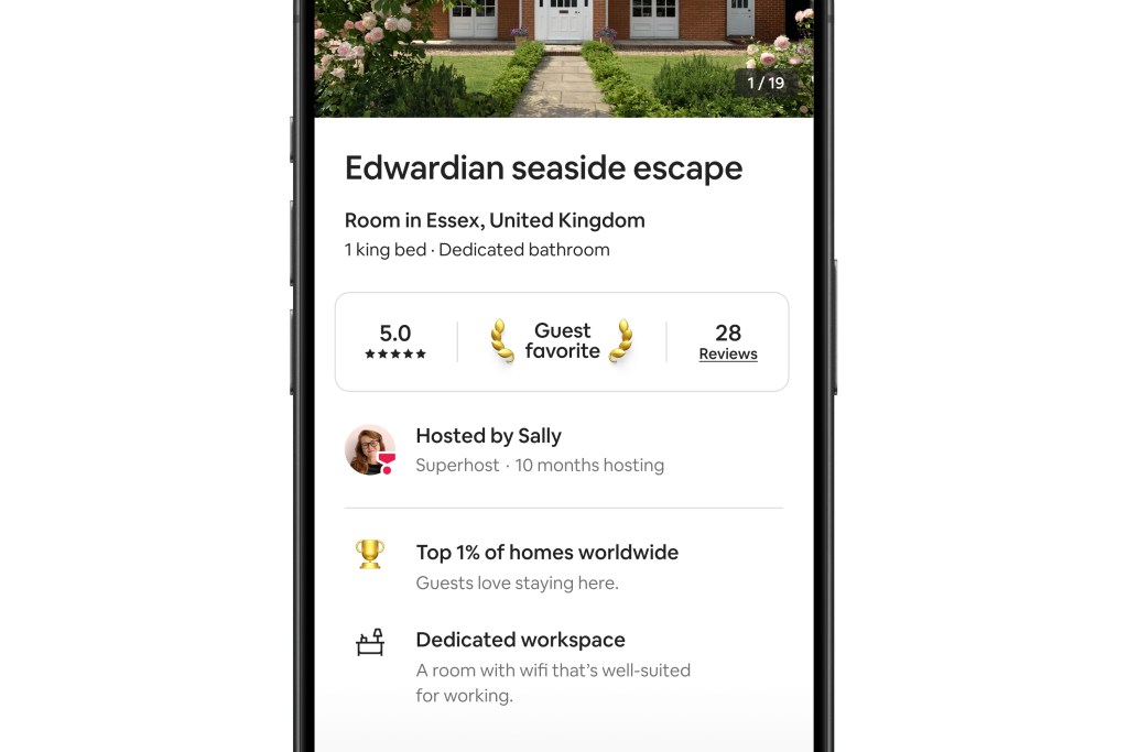 Phone screen view of an Airbnb Listing, featuring the Guest favorite feature. 