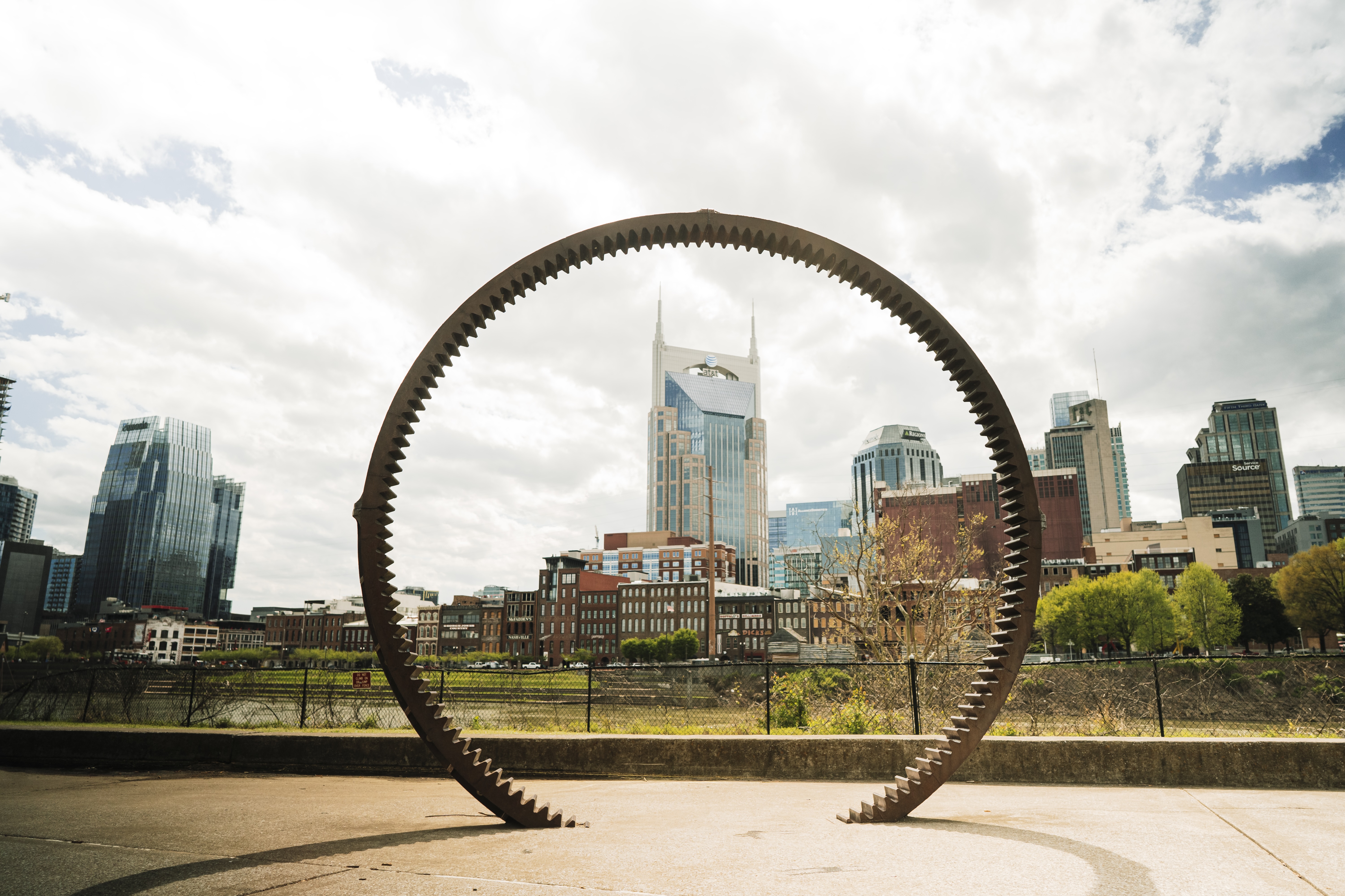 Downtown Nashville with a circle in the foreground and several building in the back ground