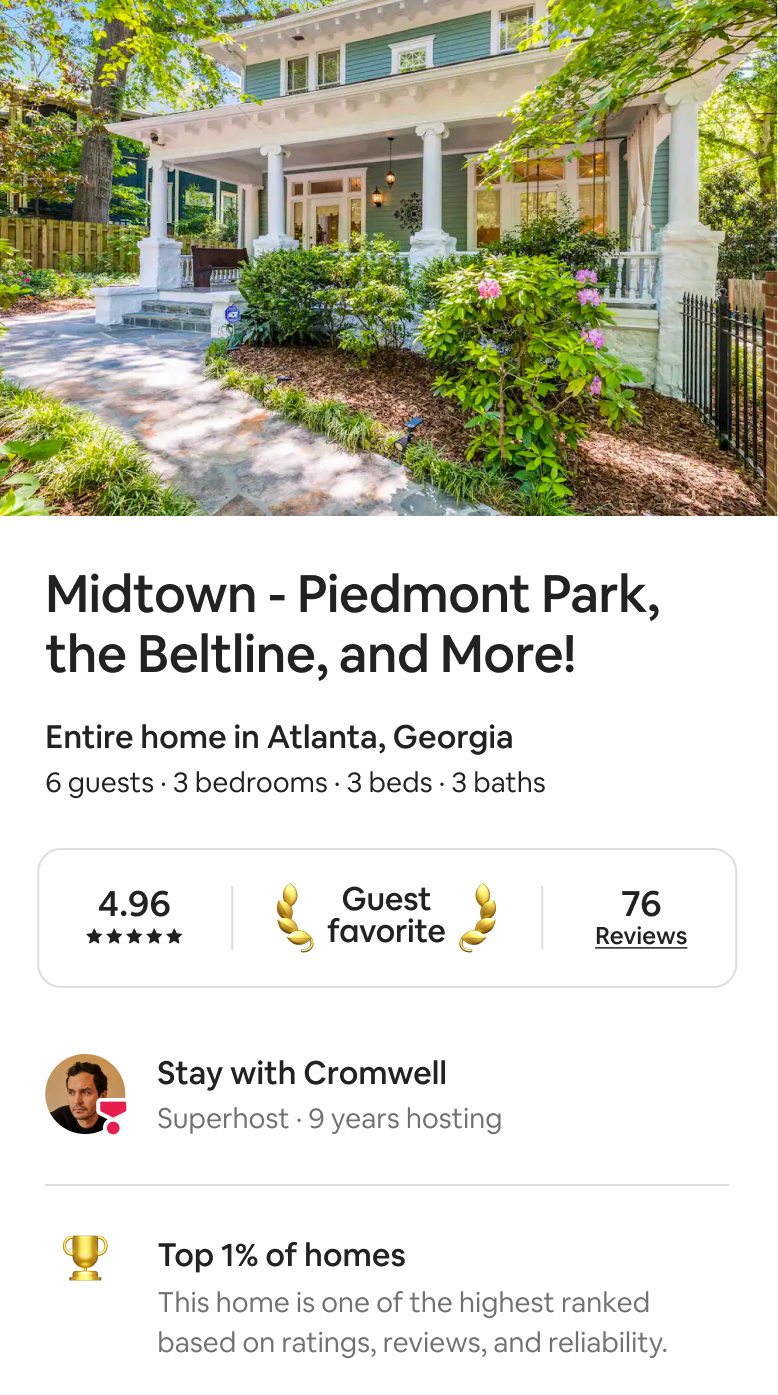 A rental property in Atlanta. Front view of a green house with a porch and white columns, surrounded by greenery. The text box shows listing details indicating the listing is in the top 1% of homes and a guest favorite.