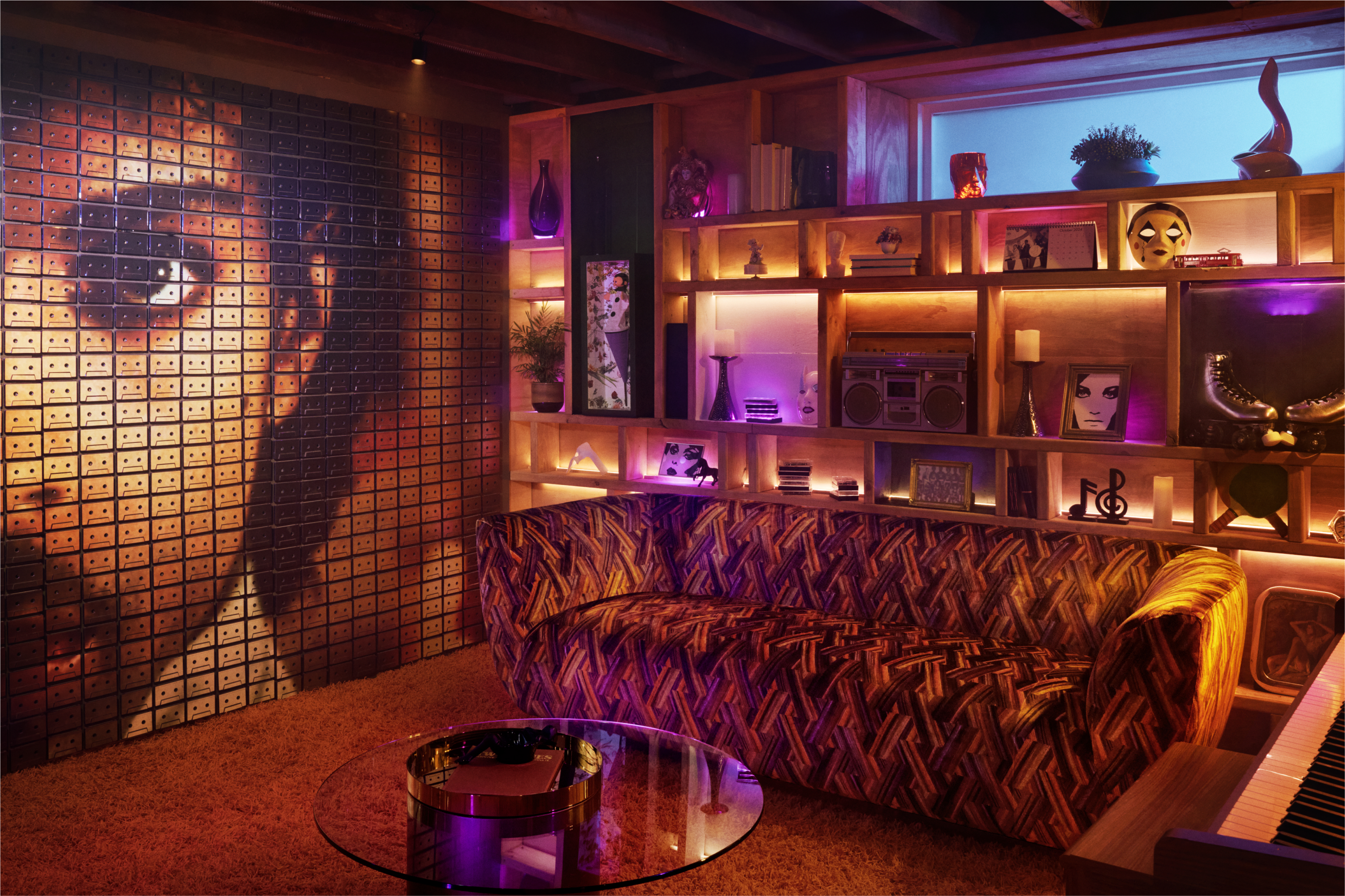 Living room with patterned couch