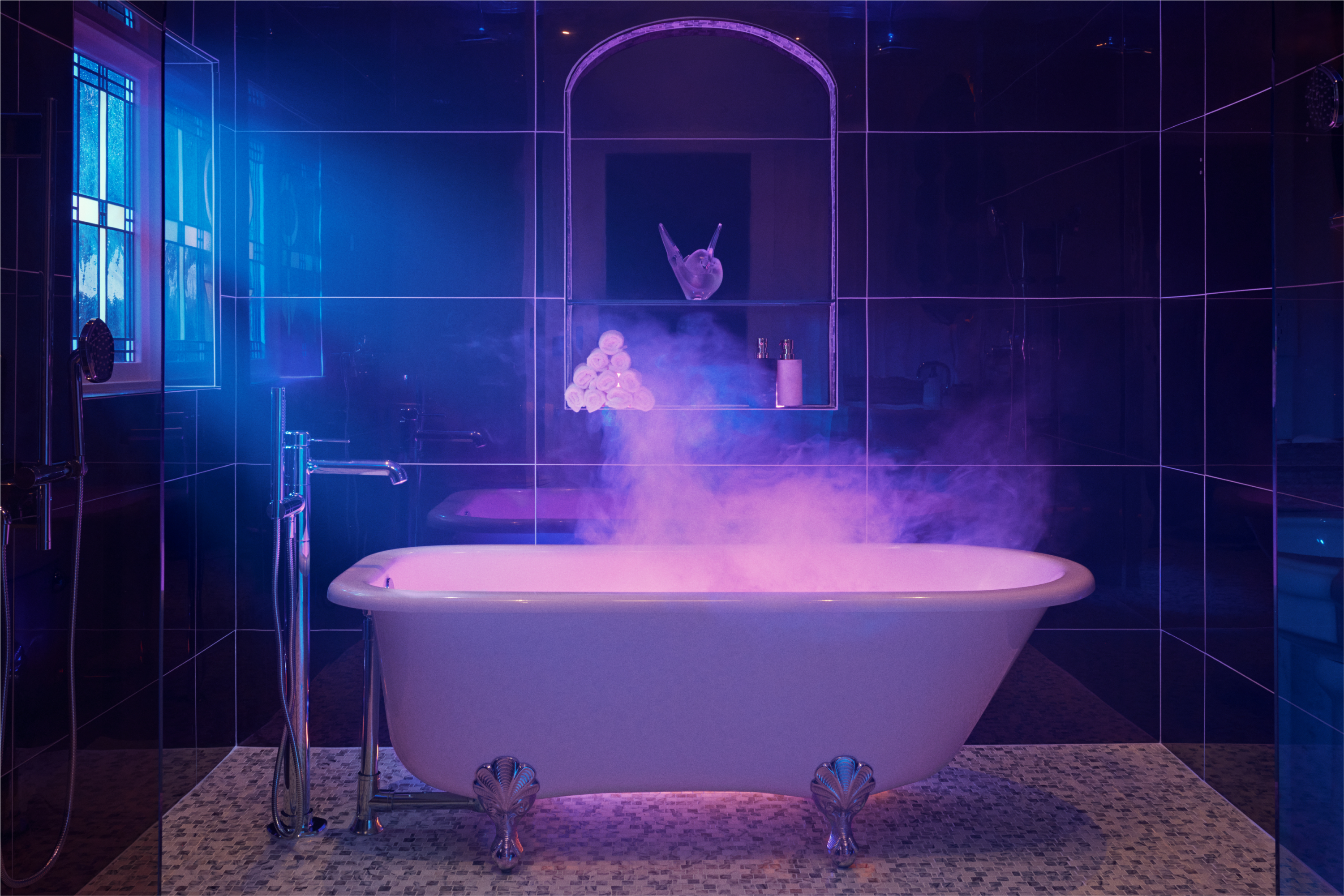Bathtub with purple lighting