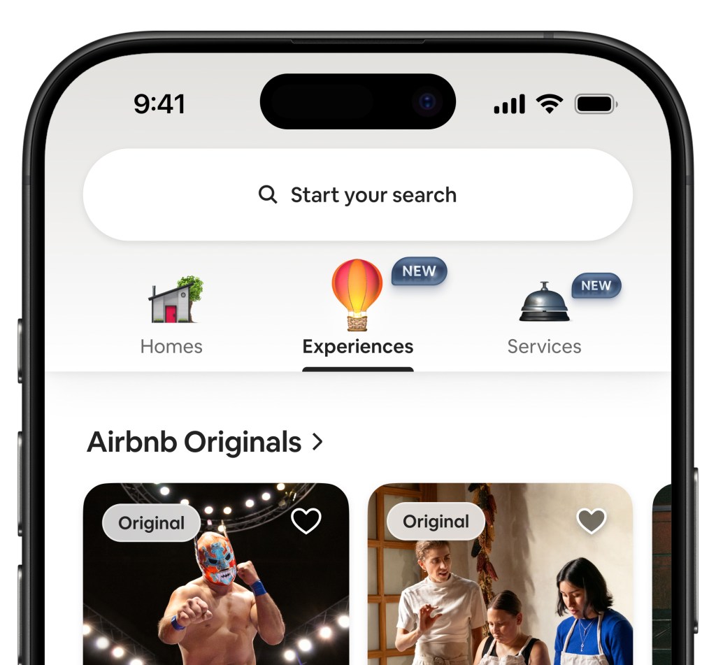 Smartphone screen showing Airbnb app with tabs for Homes, Experiences, and Services.