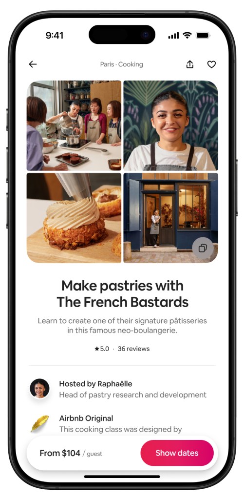 Smartphone screen showing the details of a pastry workshop with The French Bastards, including images of people baking and a storefront view.