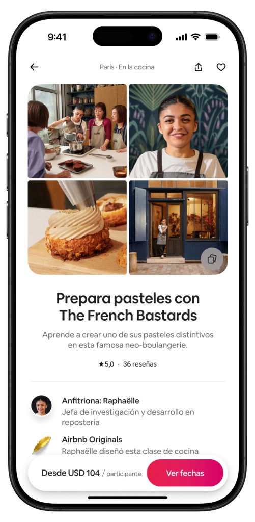 Collage de una clase de repostería en París, con personas decorando pasteles, un pastel siendo rellenado con crema y un panadero en la entrada de una panadería.
