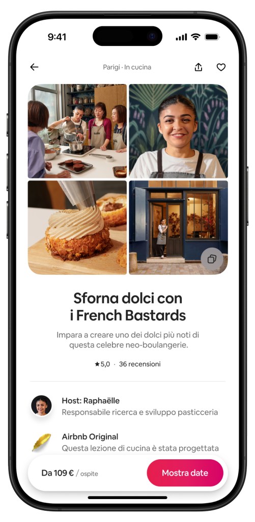 Schermata di uno smartphone che mostra i dettagli di un laboratorio di pasticceria con The French Bastards, inclusi scatti di persone mentre preparano dolci e una vista della facciata del negozio.
