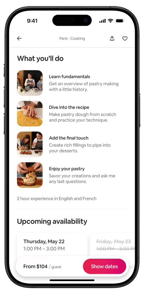 Smartphone screen showing a Paris cooking class itinerary with pastry-making steps.