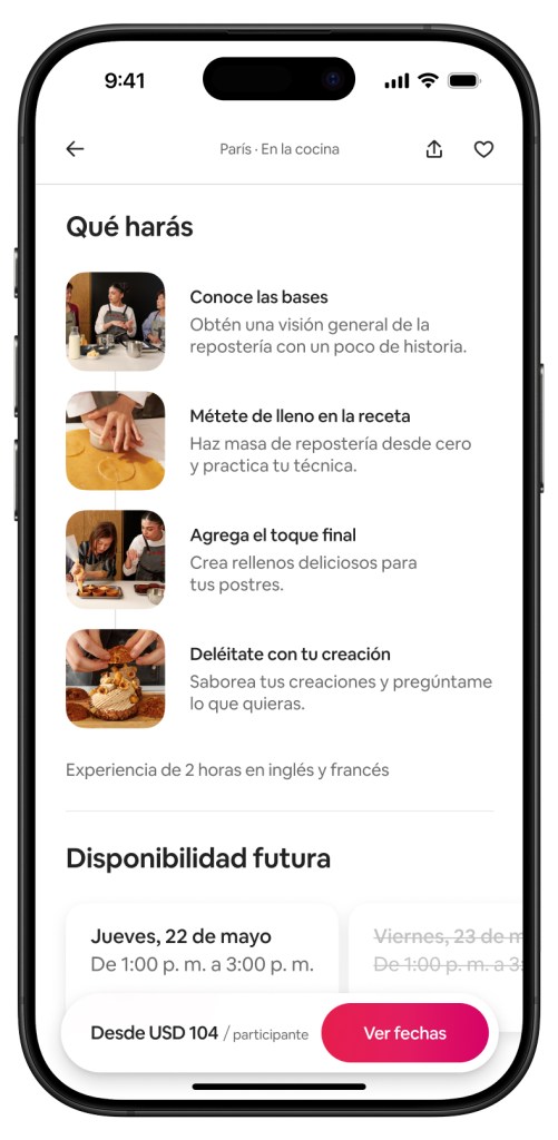 Smartphone screen showing a cooking class experience in Paris with steps like mastering pastry dough and adding delicious fillings.
