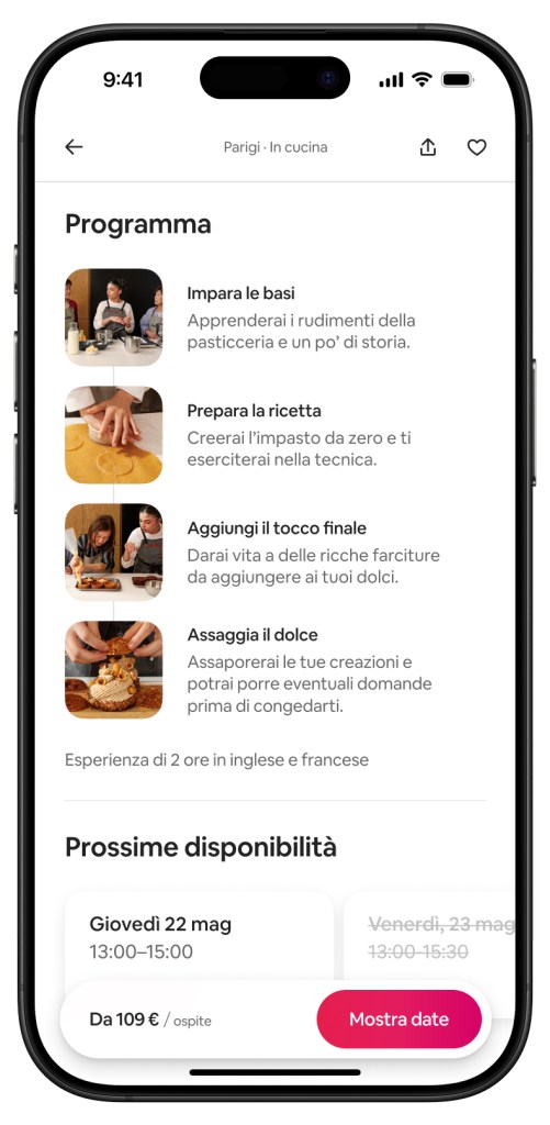 Schermata di uno smartphone che mostra l’itinerario di una lezione di cucina a Parigi, con le varie fasi della preparazione dei pasticcini.
