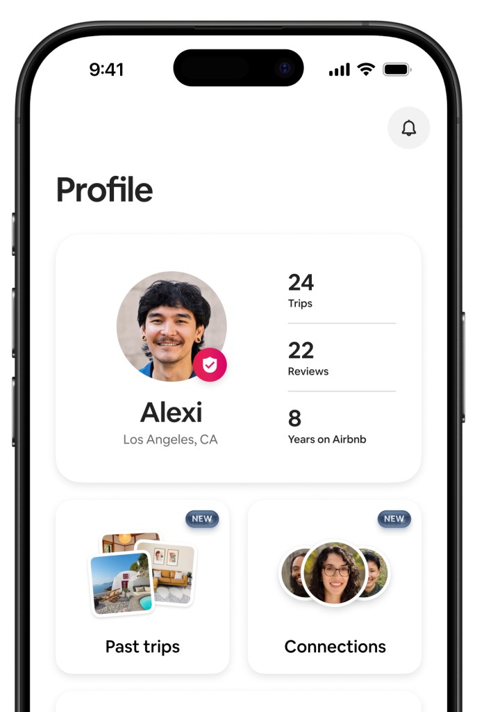 Airbnb profile screen showing Alexi from Los Angeles, CA with 24 trips, 22 reviews, and 8 years on Airbnb.