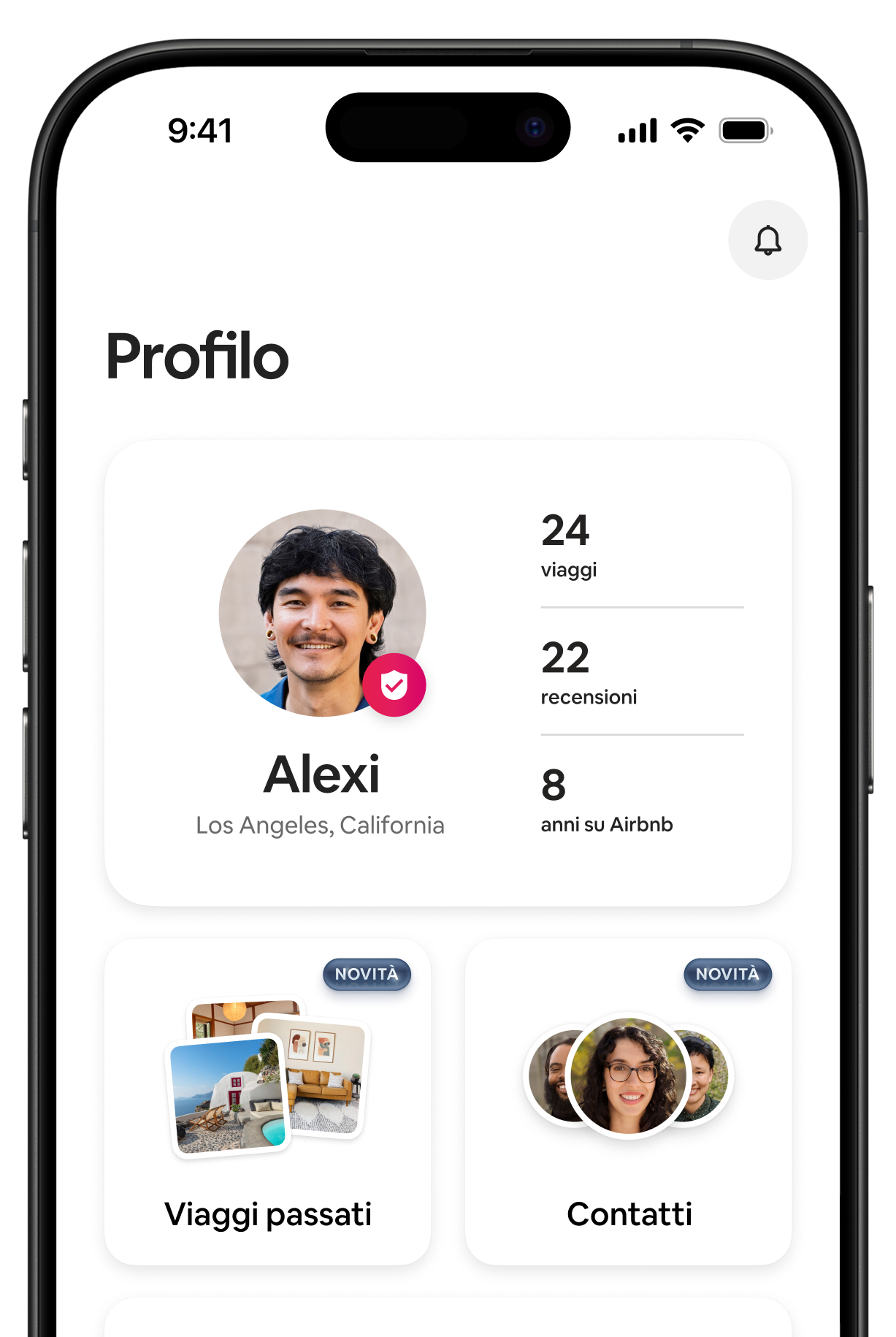 Schermata del profilo Airbnb che mostra Alexi da Los Angeles, CA, con 24 viaggi, 22 recensioni e 8 anni su Airbnb.