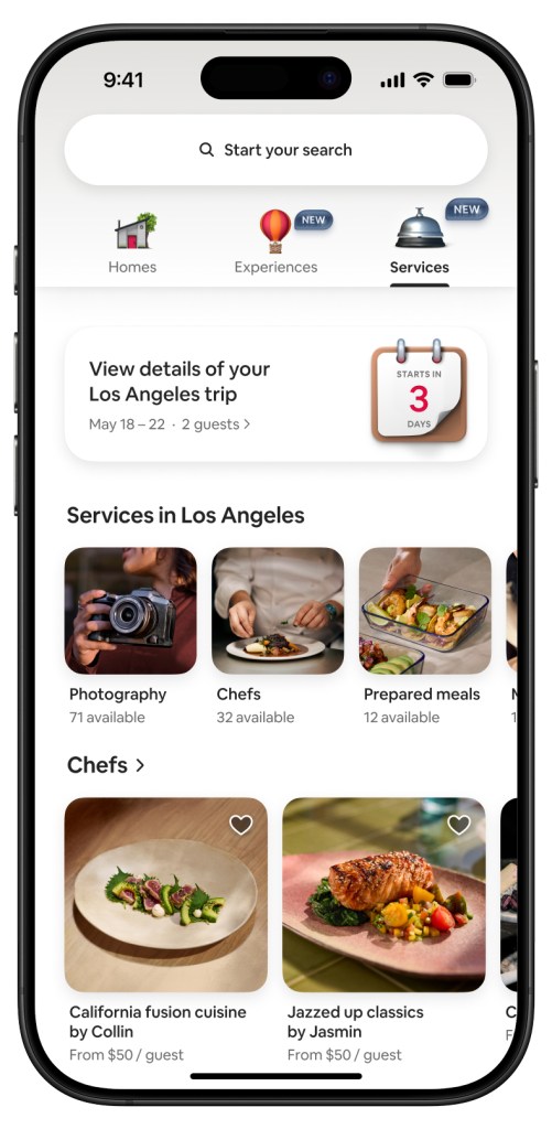 Smartphone screen showing Airbnb Los Angeles Services, including photography, chefs, and prepared meals.
