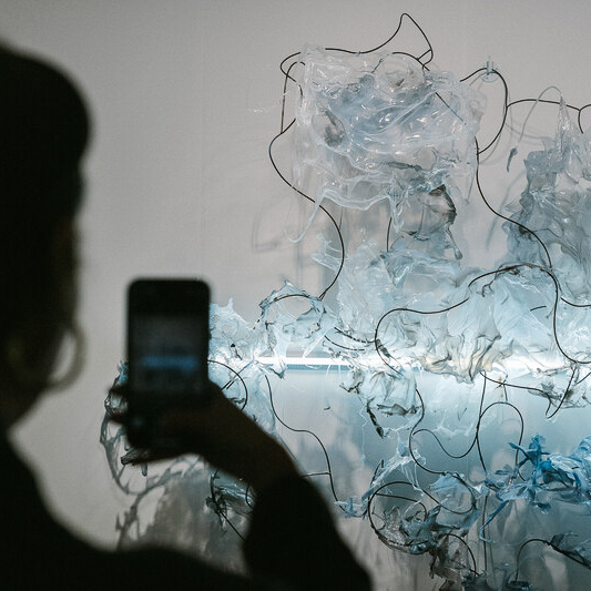 Person taking a photo of an abstract sculpture made of translucent plastic and wire, illuminated by soft lighting in an art exhibit.
