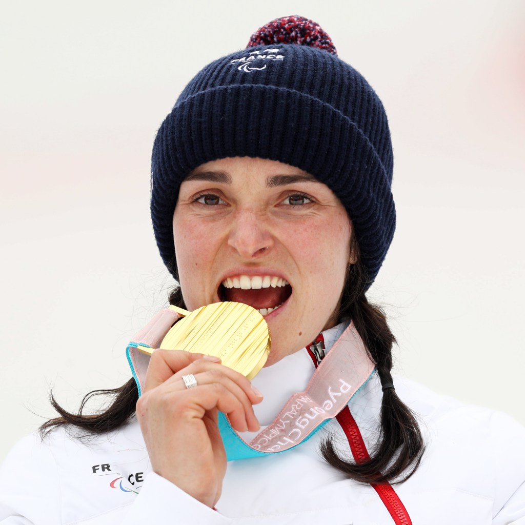 PYEONGCHANG-GUN, SOUTH KOREA - MARCH 18: Marie Bochet of France celebrates with her gold medal in the Women's Standing Slalom at Jeongseon Alpine Centre on Day 9 of the PyeongChang 2018 Paralympic Games on March 18, 2018 in Pyeongchang-gun, South Korea. (Photo by Maddie Meyer/Getty Images)